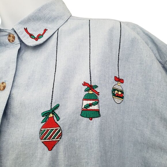 VTG NutCracker Denim Shirt Embroidered Ornaments Teachercore Holiday Womens 18W - Picture 4 of 12